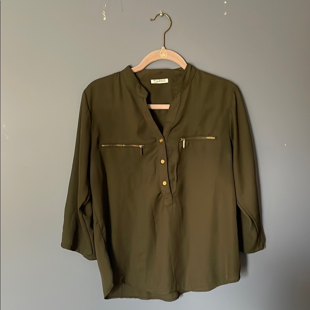 H&M Green Buttoned Blouse with Mandarin Collar